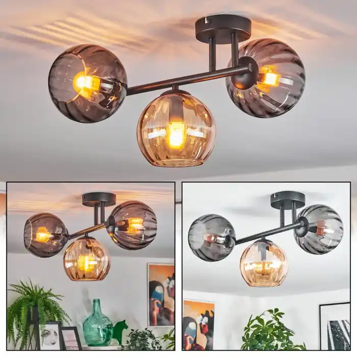 Koyoto Plafondlamp, Kogellampje Amber, Rookkleurig, 3-lichts Direct Beschikbaar