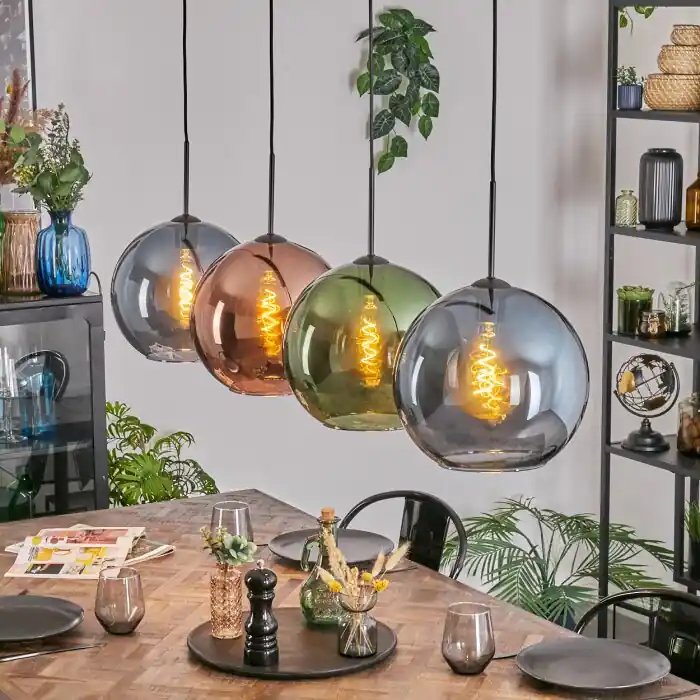 Koyoto Hanglamp, Kogellampje, Hanglamp Blauw, Groen, Koperkleurig, 4-lichts Actieprijs