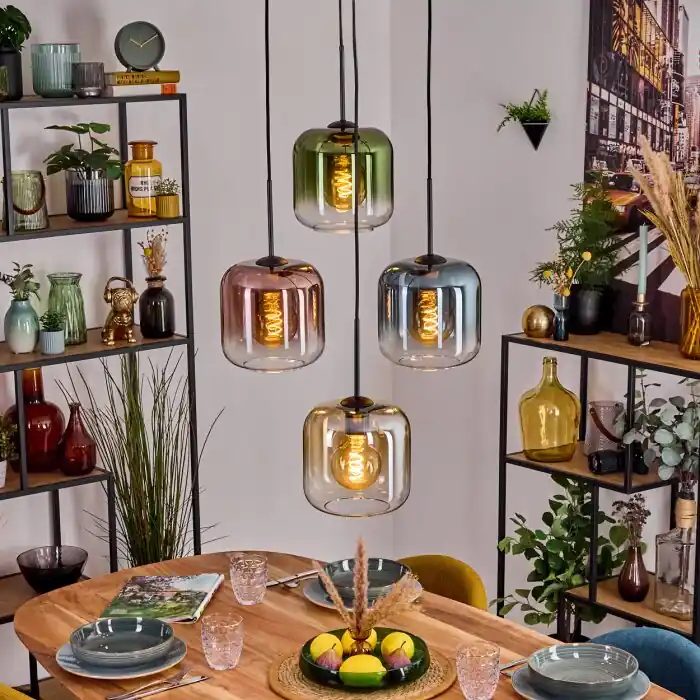 Lauden Hanglamp, Kogellampje, Hanglamp Amber, Blauw, Groen, Duidelijk, Koperkleurig, 4-lichts Koopje