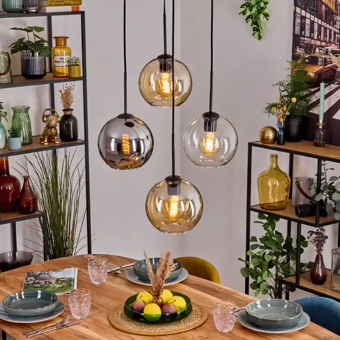 Express Levering Koyoto Hanglamp, Kogellampje, Hanglamp Amber, Chroom, Duidelijk, Rookkleurig, 4-lichts
