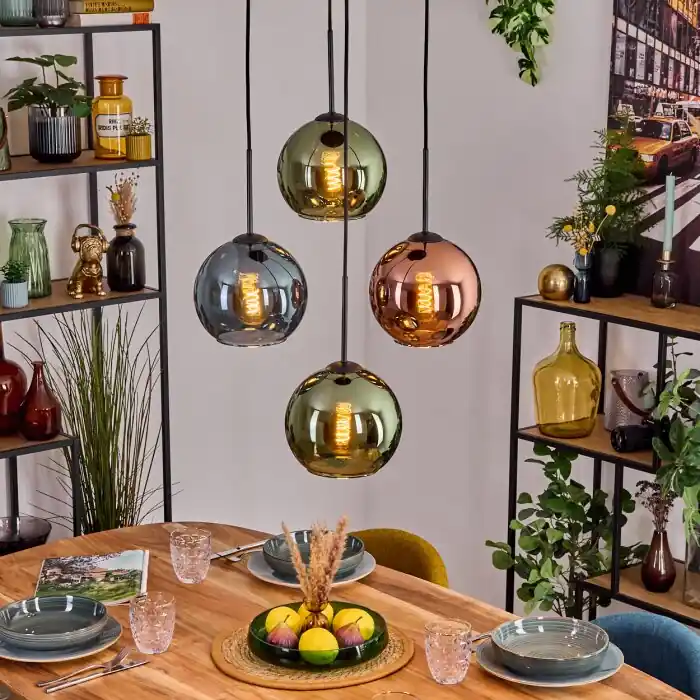 Koyoto Hanglamp, Kogellampje, Hanglamp Blauw, Groen, Koperkleurig, 4-lichts Laatste Versie