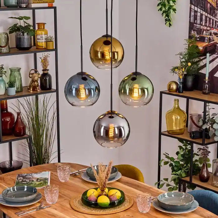 Koyoto Hanglamp, Kogellampje, Hanglamp Blauw, Chroom, Goud, Groen, Duidelijk, Rookkleurig, 4-lichts Beperkte Voorraad