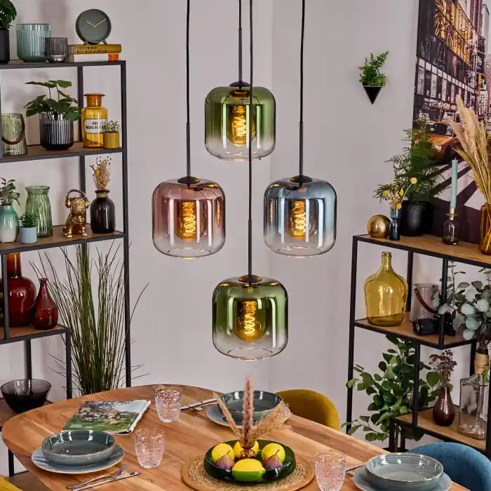 Betaalbaar Lauden Hanglamp, Kogellampje, Hanglamp Blauw, Groen, Duidelijk, Koperkleurig, 4-lichts