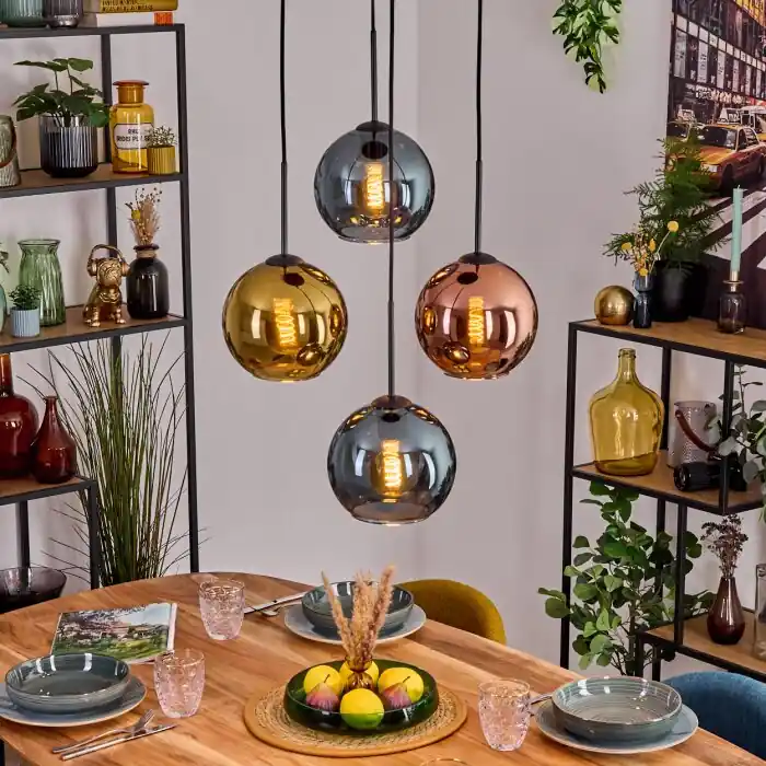 Koyoto Hanglamp, Kogellampje, Hanglamp Blauw, Goud, Koperkleurig, 4-lichts Nieuw