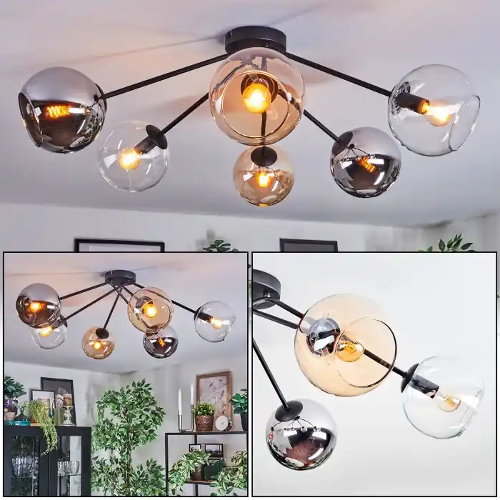 Koyoto Plafondlamp, Kogellampje 77.5 cm Amber, Chroom, Duidelijk, Rookkleurig, 6-lichts Rechtstreeks Van De Fabrikant