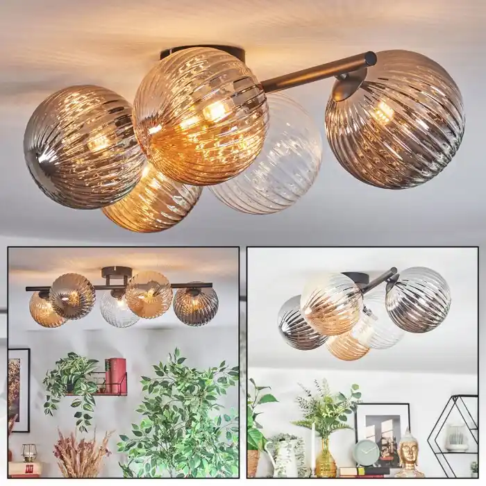 Nu Kopen Chehalis Plafondlamp, Kogellampje Amber, Duidelijk, Rookkleurig, 5-lichts