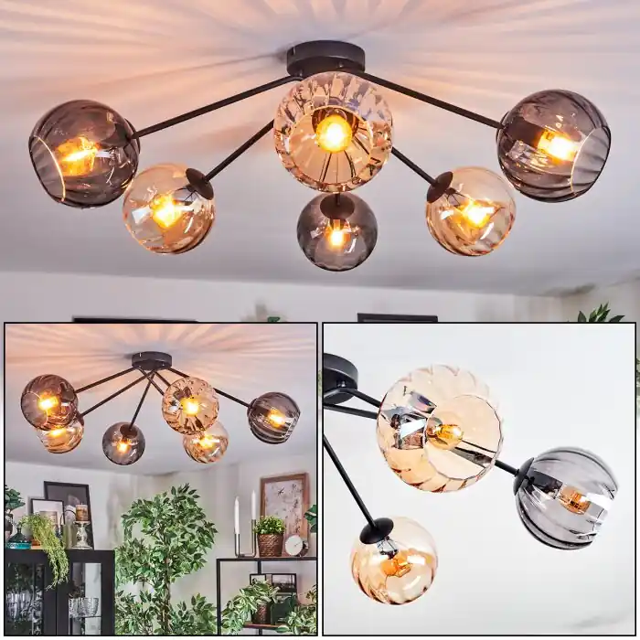 Koyoto Plafondlamp, Kogellampje 77.5 cm Amber, Rookkleurig, 6-lichts Direct Beschikbaar