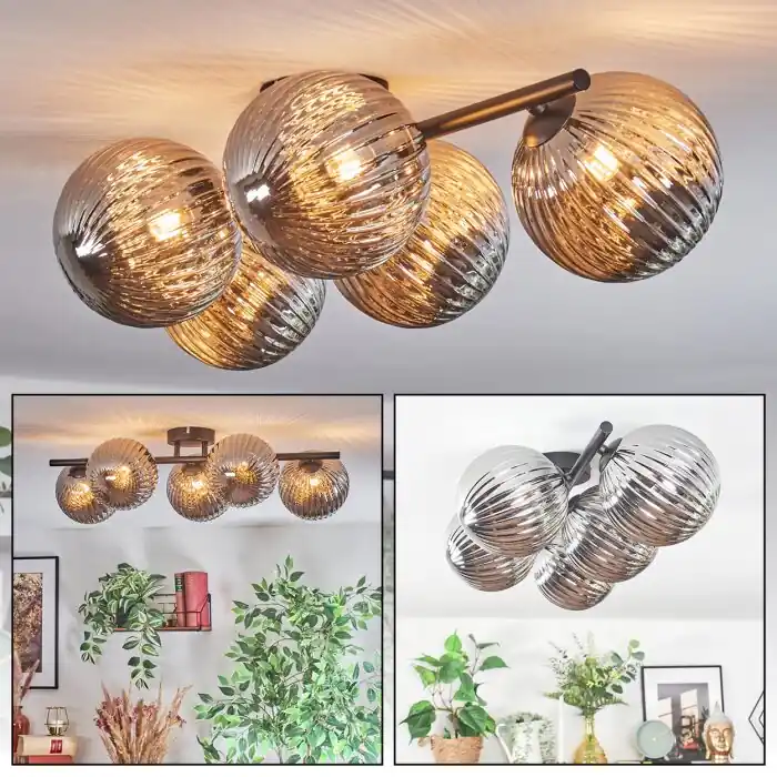 Chehalis Plafondlamp, Kogellampje Rookkleurig, 5-lichts Op = Op