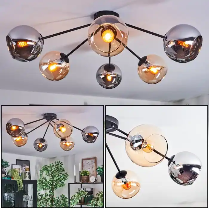 Speciale Aanbieding Koyoto Plafondlamp, Kogellampje 77.5 cm Amber, Chroom, Rookkleurig, 6-lichts