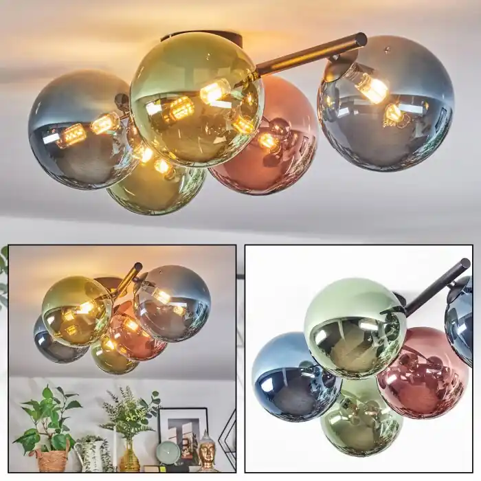 Chehalis Plafondlamp, Kogellampje Blauw, Groen, Koperkleurig, 5-lichts Alleen Vandaag