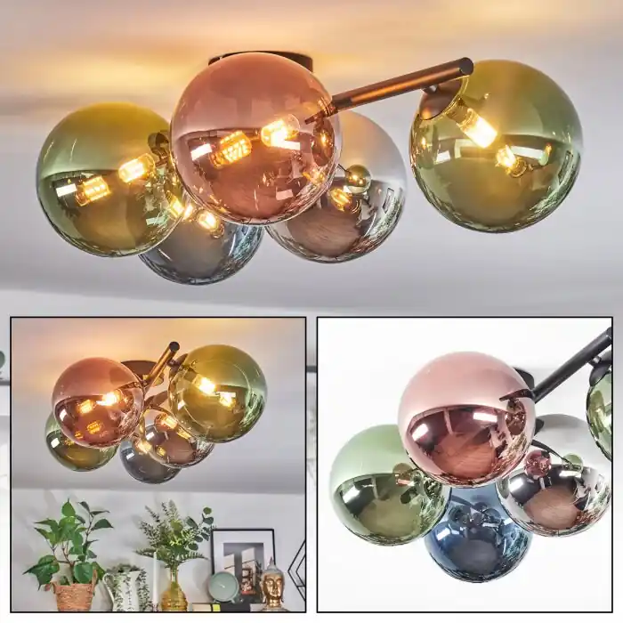 Chehalis Plafondlamp, Kogellampje Blauw, Chroom, Groen, Koperkleurig, Rookkleurig, 5-lichts Laatste Kans