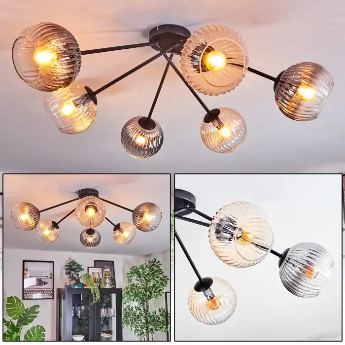 Koyoto Plafondlamp, Kogellampje 77.5 cm Amber, Duidelijk, Rookkleurig, 6-lichts Nieuw