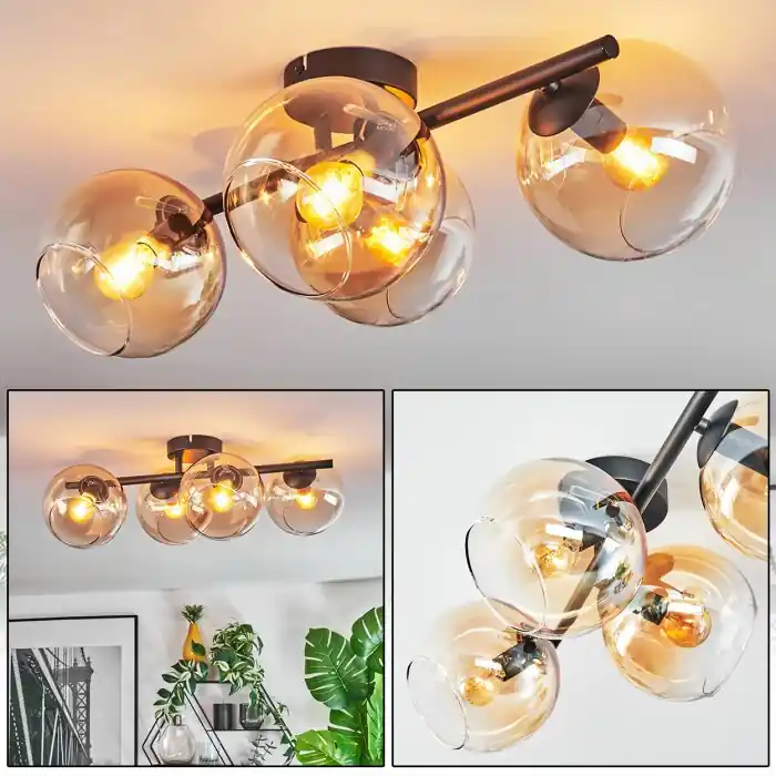 Direct Verzonden Koyoto Plafondlamp, Kogellampje Amber, Duidelijk, 4-lichts