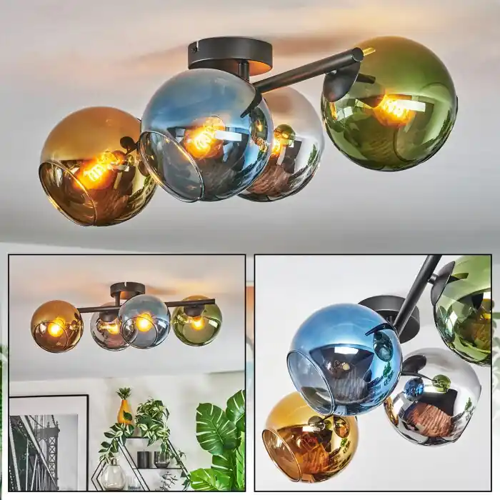 Koyoto Plafondlamp, Kogellampje Blauw, Chroom, Goud, Groen, Rookkleurig, 4-lichts Seizoensaanbieding