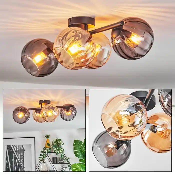 Veilige Betaling Koyoto Plafondlamp, Kogellampje Amber, Rookkleurig, 4-lichts