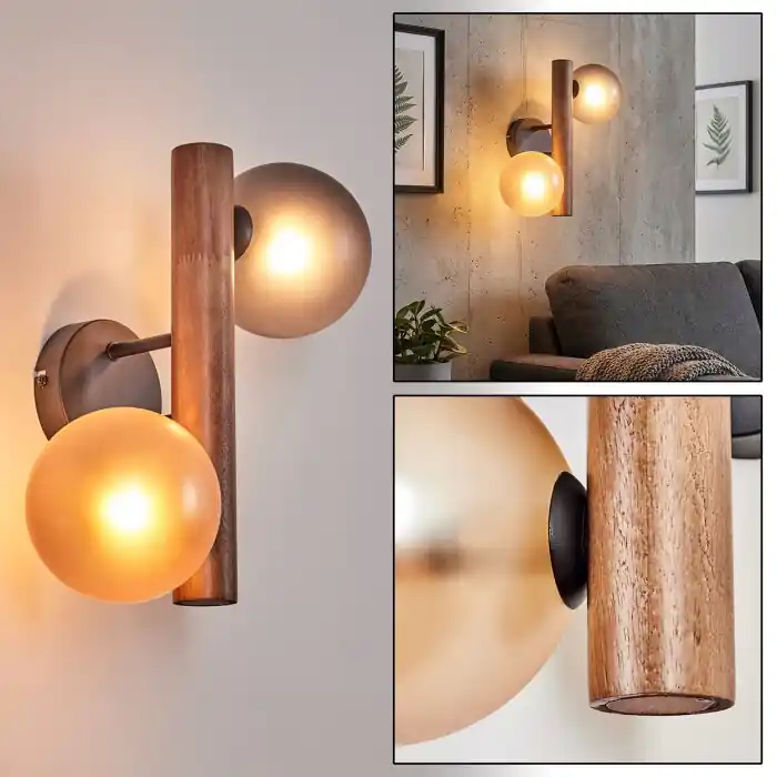 Hete Deal Lorin Wandlamp, Muurspot Donkerbruin, Natuurlijke kleuren, Zwart, 2-lichts
