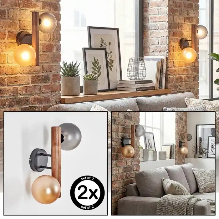 Lorin Wandlamp, Muurspot Donkerbruin, Natuurlijke kleuren, Zwart, 2-lichts Speciale Aanbieding