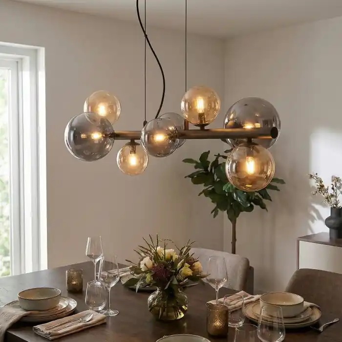 Chehalis Hanglamp, Kogellampje, Hanglamp Amber, Rookkleurig, 8-lichts Premium