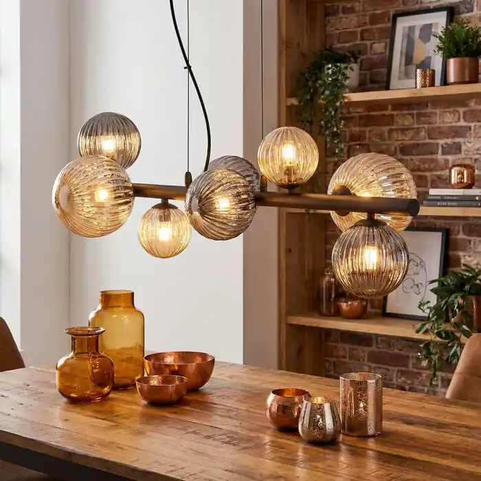 Koop Online Chehalis Hanglamp, Kogellampje, Hanglamp Amber, Rookkleurig, 8-lichts