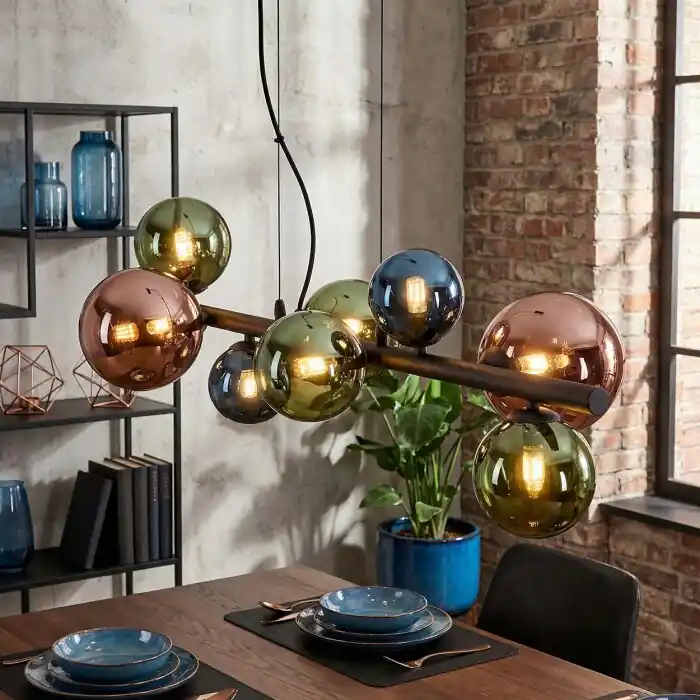 Chehalis Hanglamp, Kogellampje, Hanglamp Blauw, Groen, Koperkleurig, 8-lichts Populair