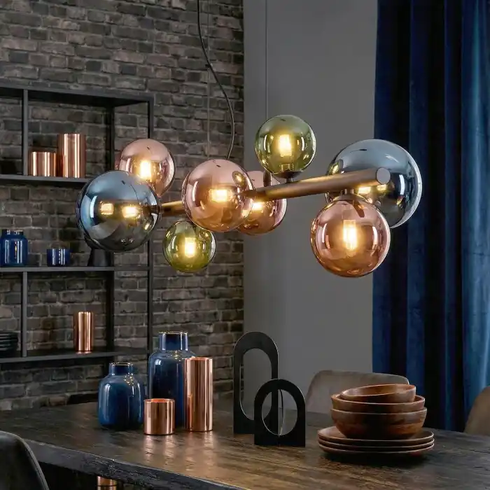 Chehalis Hanglamp, Kogellampje, Hanglamp Blauw, Groen, Koperkleurig, 8-lichts Gereduceerde Prijs