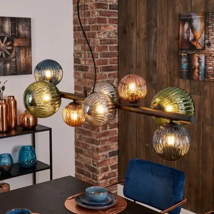 Chehalis Hanglamp, Kogellampje, Hanglamp Blauw, Groen, Koperkleurig, Rookkleurig, 8-lichts Direct Beschikbaar