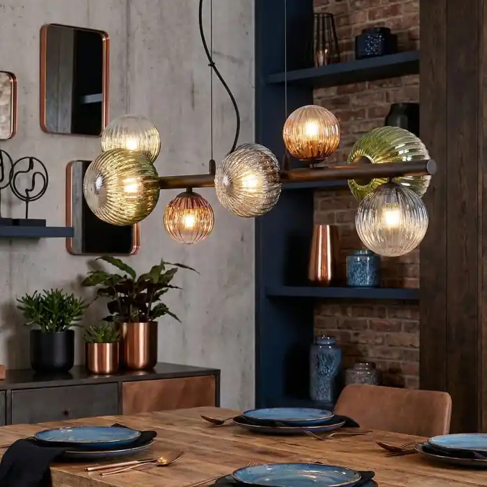 Koop Vandaag Chehalis Hanglamp, Kogellampje, Hanglamp Blauw, Groen, Duidelijk, Koperkleurig, 8-lichts