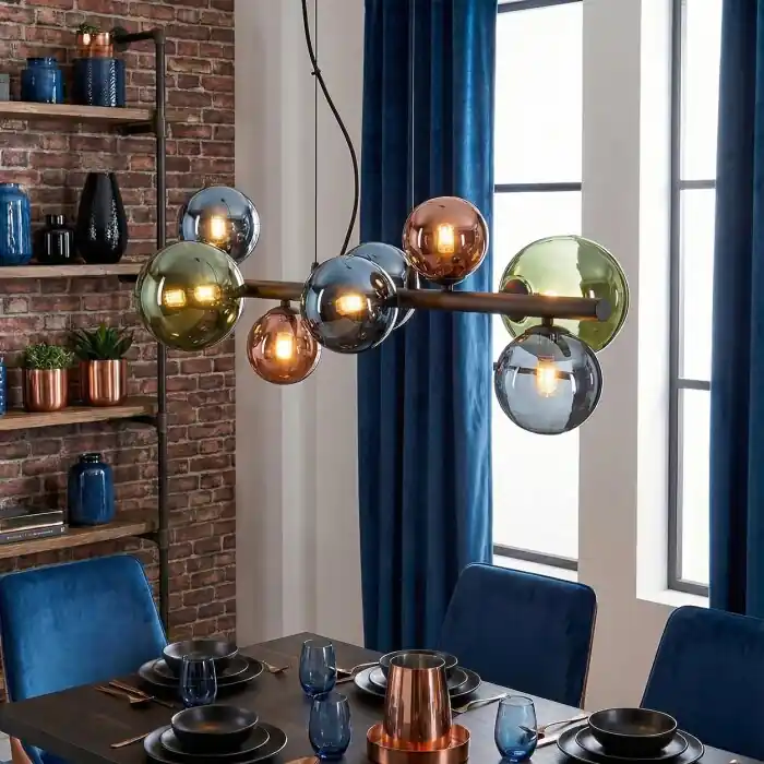 Lage Prijs Chehalis Hanglamp, Kogellampje, Hanglamp Blauw, Groen, Koperkleurig, 8-lichts