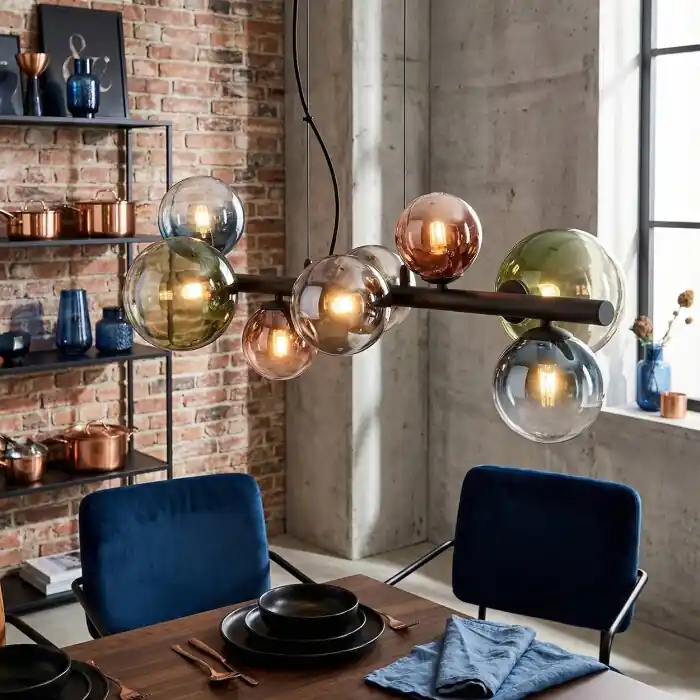 Korting Chehalis Hanglamp, Kogellampje, Hanglamp Blauw, Chroom, Groen, Duidelijk, Koperkleurig, Rookkleurig, 8-lichts
