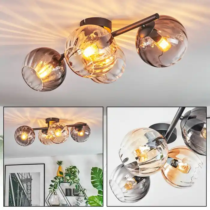 Koyoto Plafondlamp, Kogellampje Amber, Duidelijk, Rookkleurig, 4-lichts Op = Op