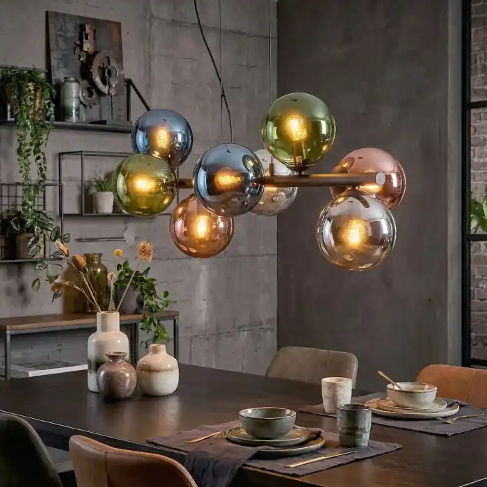 Gastor Hanglamp, Kogellampje, Hanglamp Blauw, Chroom, Groen, Koperkleurig, Rookkleurig, 8-lichts Finale Uitverkoop