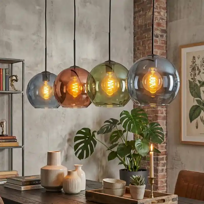 Koyoto Hanglamp, Kogellampje, Hanglamp Blauw, Groen, Koperkleurig, 4-lichts Alleen Vandaag