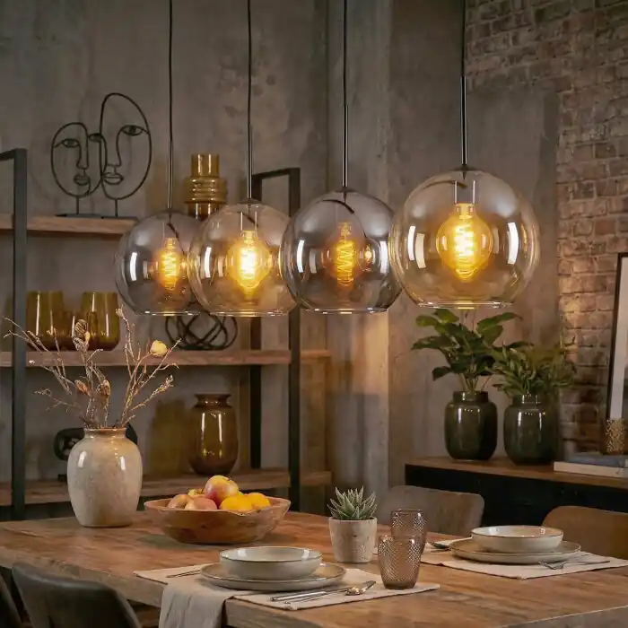 Koyoto Hanglamp, Kogellampje, Hanglamp Amber, Chroom, Rookkleurig, 4-lichts Snelle Levering
