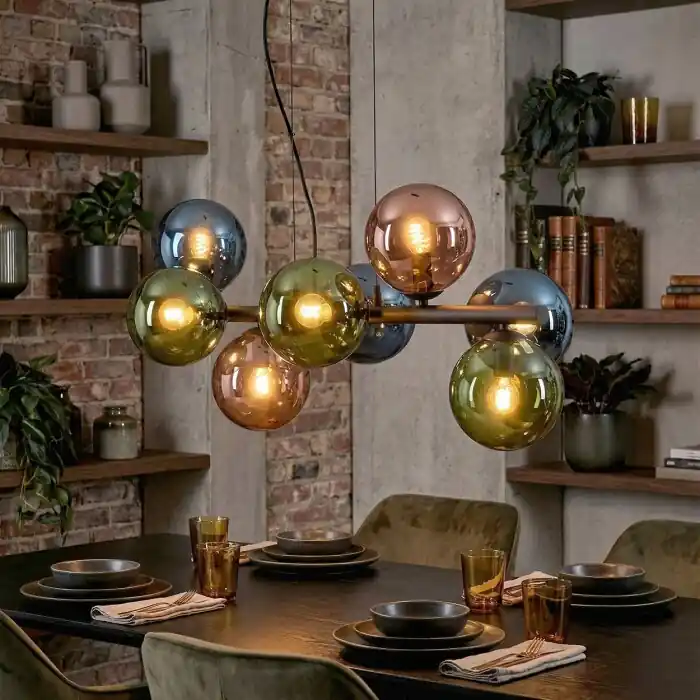 Gastor Hanglamp, Kogellampje, Hanglamp Blauw, Groen, Koperkleurig, 8-lichts Finale Uitverkoop