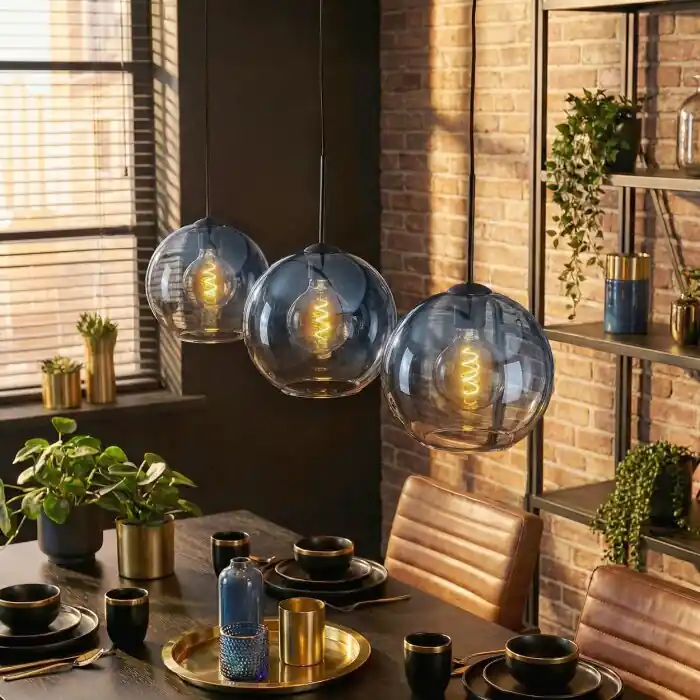 Koyoto Hanglamp, Kogellampje, Hanglamp Blauw, Duidelijk, 3-lichts Exclusieve Aanbieding