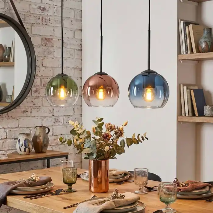 Koyoto Hanglamp, Kogellampje, Hanglamp Blauw, Groen, Duidelijk, Koperkleurig, 3-lichts Laatste Versie