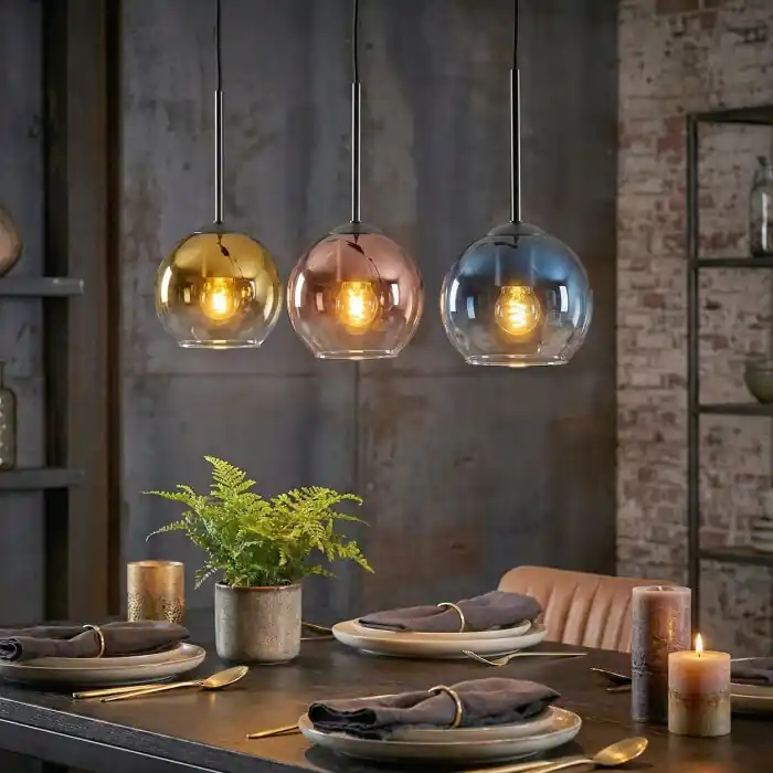 Koyoto Hanglamp, Kogellampje, Hanglamp Blauw, Goud, Duidelijk, Koperkleurig, 3-lichts Gratis Retour