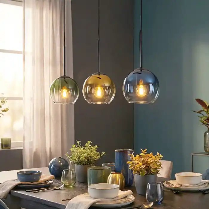 Gratis Retour Koyoto Hanglamp, Kogellampje, Hanglamp Blauw, Goud, Groen, Duidelijk, 3-lichts