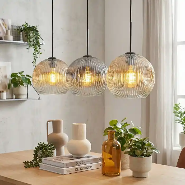 Beste Prijs Ripoll Hanglamp, Kogellampje, Hanglamp Amber, Duidelijk, Rookkleurig, 3-lichts