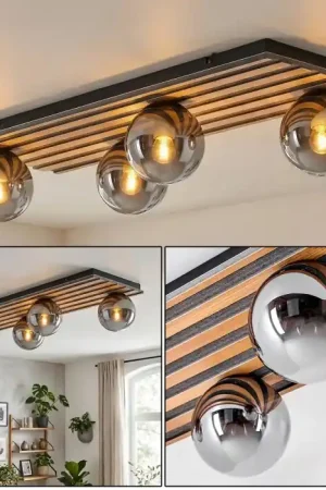 Weekendaanbieding Rafon Plafondlamp, Kogellampje houtlook, Zwart, 4-lichts