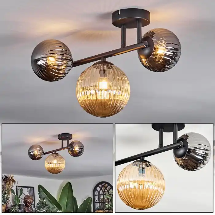 Express Levering Chehalis Plafondlamp, Kogellampje Amber, Chroom, Rookkleurig, 3-lichts