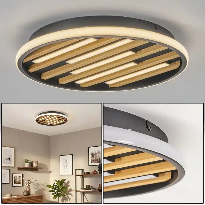 Populair LED Velani ronde plafondlamp met houten lamellen Ø 41 cm, warm wit 3000 Kelvin