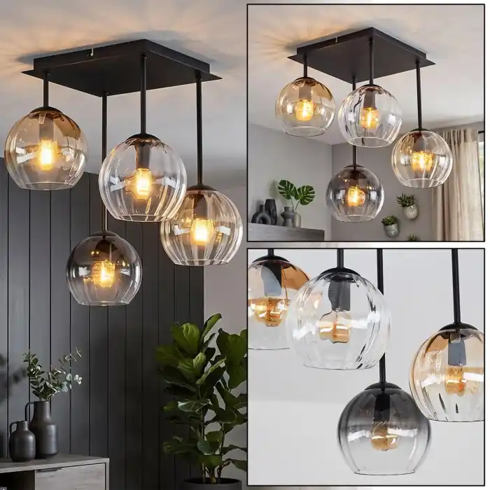 Gratis Retour Koyoto plafondlamp glas bol 4-lichts met rookglas en amberkleurig glas, E14