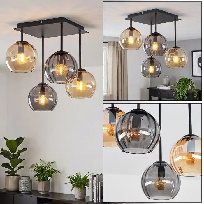 Koyoto plafondlamp met glazen bollen, 4-lichts amber rookglas voor woonkamer Lage Kosten