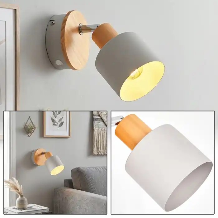 Weekendaanbieding Olaris Scandinavische houten wandlamp met verstelbare wandspot, grijze metalen kap