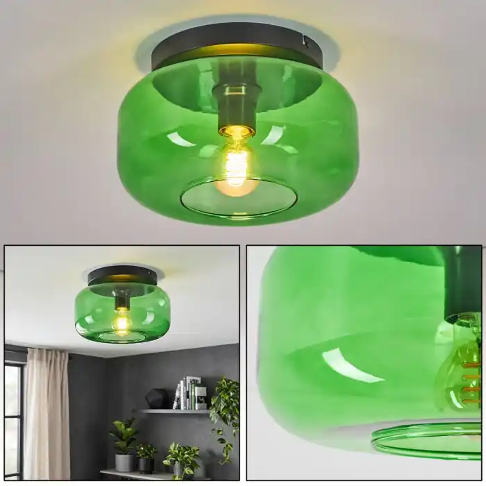 Boza retro plafondlamp met groene glazen kap, rond design Ø 28 cm voor woonkamer Nieuw