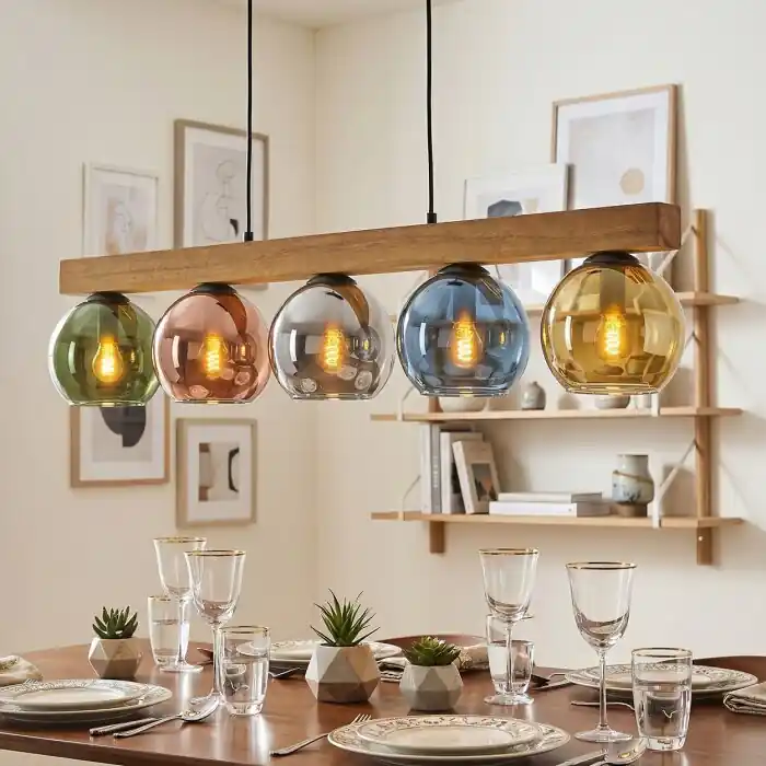 Koyoto houten balk hanglamp voor eettafel met kleurrijke glazen bollen, 5-lichts Snelle Levering