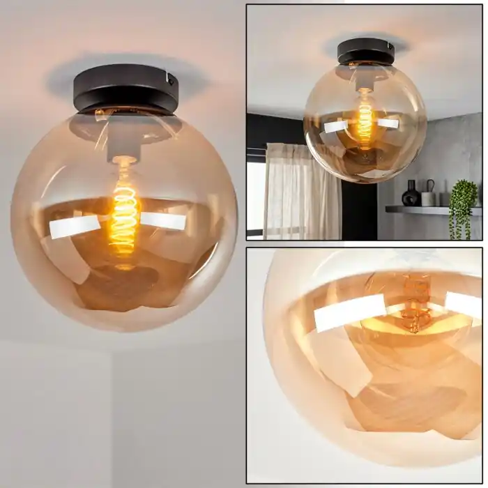 Gastor plafondlamp met glazen bol en amberkleurig rookglas, E27 fitting Direct Beschikbaar