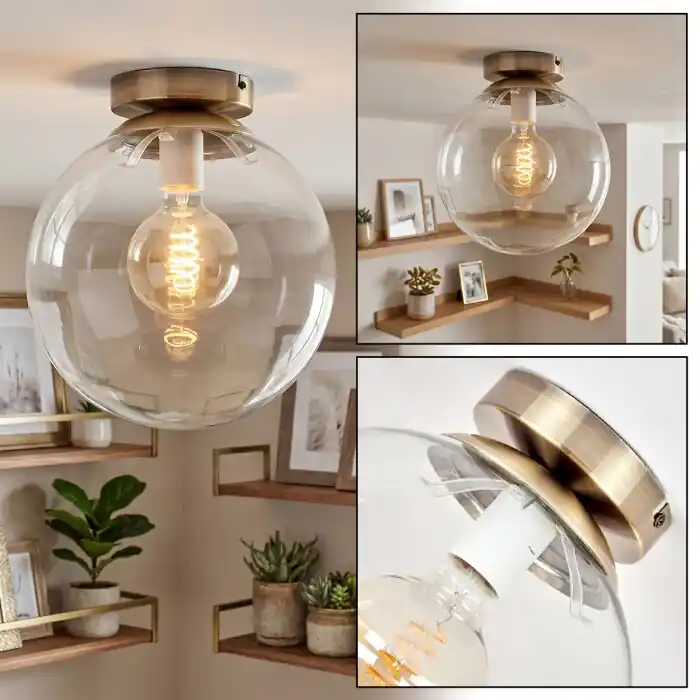 Hoge Kwaliteit Gastor plafondlamp met glazen bol, messingkleurige retro plafondverlichting