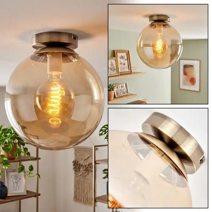 Speciale Aanbieding Gastor plafondlamp bol met amberkleurige glazen kap, E27 vintage plafondlicht